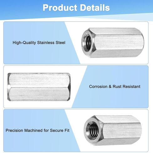 2-Pack 3/8"-16 UNC Hex Coupling Nuts, 1.38" Length 304 Stainless Steel Fully Threaded Rod Coupling Nut, Studding Connector Fasteners for Industrial/Mechanical[Silver Tone] in Saudi Arabia