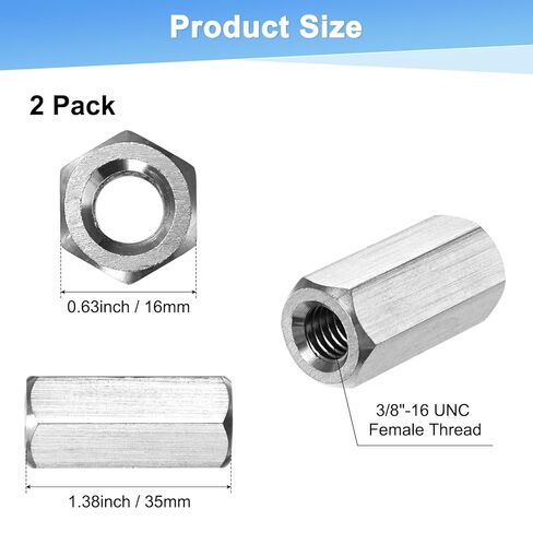 2-Pack 3/8"-16 UNC Hex Coupling Nuts, 1.38" Length 304 Stainless Steel Fully Threaded Rod Coupling Nut, Studding Connector Fasteners for Industrial/Mechanical[Silver Tone] in Saudi Arabia