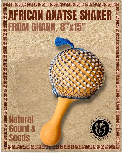 Africa Heartwood Project Axatse African Shaker - 8" X 15" Handmade Shekere Maraca with Durable Gourd Body, Natural Seed Beads, and Handle - Authentic Shakers Musical Instruments, Handcrafted in Ghana in Kuwait