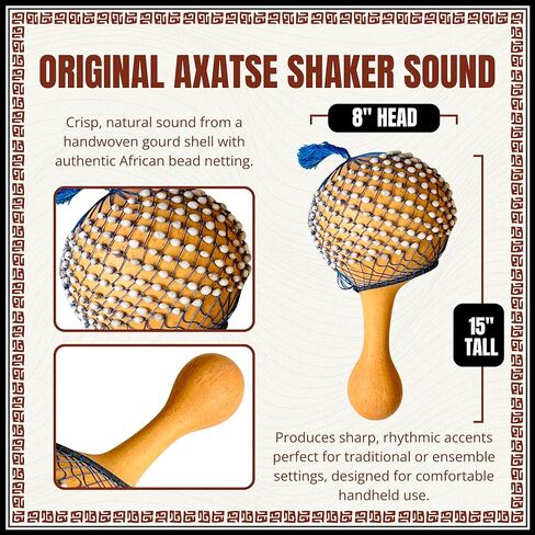 Africa Heartwood Project Axatse African Shaker - 8" X 15" Handmade Shekere Maraca with Durable Gourd Body, Natural Seed Beads, and Handle - Authentic Shakers Musical Instruments, Handcrafted in Ghana in Kuwait