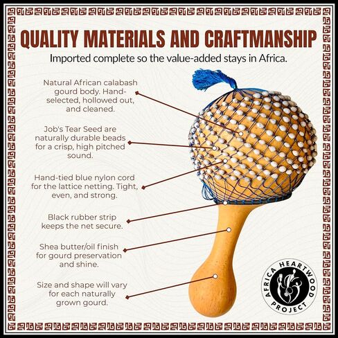 Africa Heartwood Project Axatse African Shaker - 8" X 15" Handmade Shekere Maraca with Durable Gourd Body, Natural Seed Beads, and Handle - Authentic Shakers Musical Instruments, Handcrafted in Ghana in Kuwait