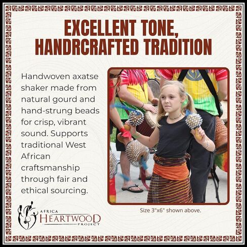 Africa Heartwood Project Axatse African Shaker - 8" X 15" Handmade Shekere Maraca with Durable Gourd Body, Natural Seed Beads, and Handle - Authentic Shakers Musical Instruments, Handcrafted in Ghana in Kuwait