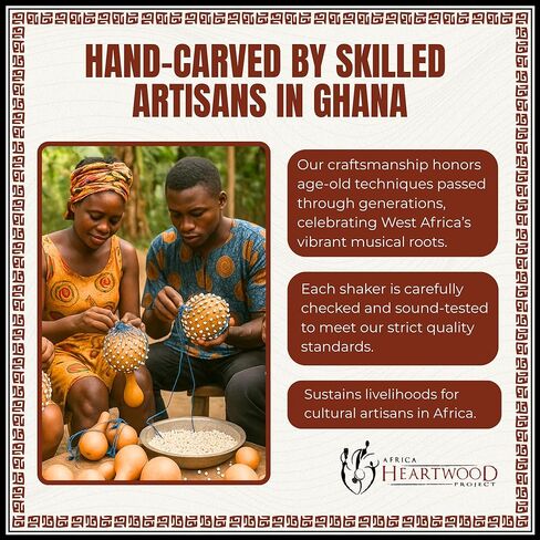 Africa Heartwood Project Axatse African Shaker - 8" X 15" Handmade Shekere Maraca with Durable Gourd Body, Natural Seed Beads, and Handle - Authentic Shakers Musical Instruments, Handcrafted in Ghana in Kuwait