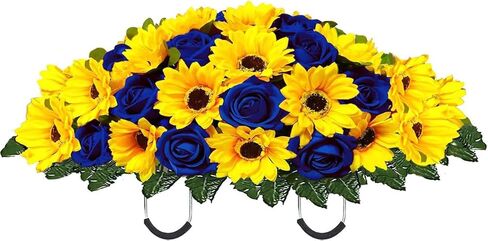 Artificial Summer Autumn Sunflower Cemetery Flowers Outdoor Grave Decorations Saddle Arrangement for Headstone,Outdoor Tombstone Memorial Decorations, Easy Fit (Yellow Red) in Saudi Arabia