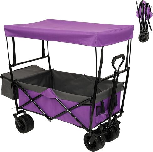 480Lbs Capacity Collapsible Wagon with Canopy & Mosquito Net - 7" All-Terrain Wheels, Lightweight Foldable Utility Cart for Camping, Shopping & Garden, Purple in Saudi Arabia