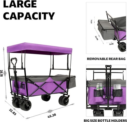 480Lbs Capacity Collapsible Wagon with Canopy & Mosquito Net - 7" All-Terrain Wheels, Lightweight Foldable Utility Cart for Camping, Shopping & Garden, Purple in Saudi Arabia