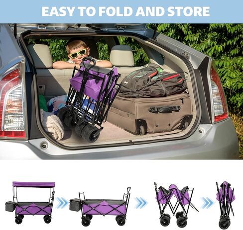 480Lbs Capacity Collapsible Wagon with Canopy & Mosquito Net - 7" All-Terrain Wheels, Lightweight Foldable Utility Cart for Camping, Shopping & Garden, Purple in Saudi Arabia