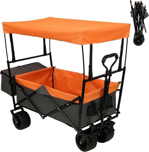 480Lbs Capacity Collapsible Wagon with Canopy & Mosquito Net - 7" All-Terrain Wheels, Lightweight Foldable Utility Cart for Camping, Shopping & Garden, Orange in Saudi Arabia