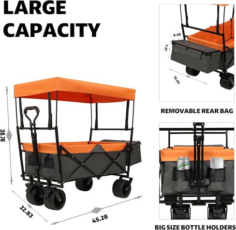 480Lbs Capacity Collapsible Wagon with Canopy & Mosquito Net - 7" All-Terrain Wheels, Lightweight Foldable Utility Cart for Camping, Shopping & Garden, Orange in Saudi Arabia