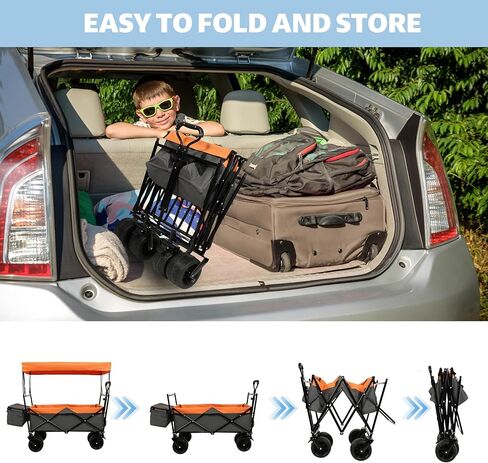 480Lbs Capacity Collapsible Wagon with Canopy & Mosquito Net - 7" All-Terrain Wheels, Lightweight Foldable Utility Cart for Camping, Shopping & Garden, Orange in Saudi Arabia