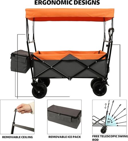 480Lbs Capacity Collapsible Wagon with Canopy & Mosquito Net - 7" All-Terrain Wheels, Lightweight Foldable Utility Cart for Camping, Shopping & Garden, Orange in Saudi Arabia