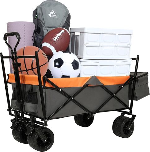 480Lbs Capacity Collapsible Wagon with Canopy & Mosquito Net - 7" All-Terrain Wheels, Lightweight Foldable Utility Cart for Camping, Shopping & Garden, Orange in Saudi Arabia