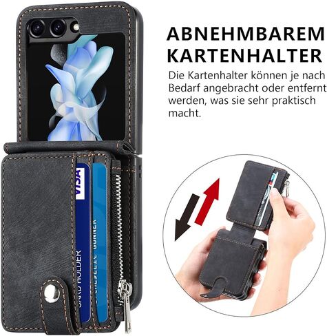 حالة محفظة ZcDaye لـ Samsung Galaxy Z Flip 5 Case ، Samsung Z Flip 5 (2023) Case ، Samsung Galaxy Z Flip 5 Case مع حامل بطاقة قابلة للإزالة - أسود in Kuwait