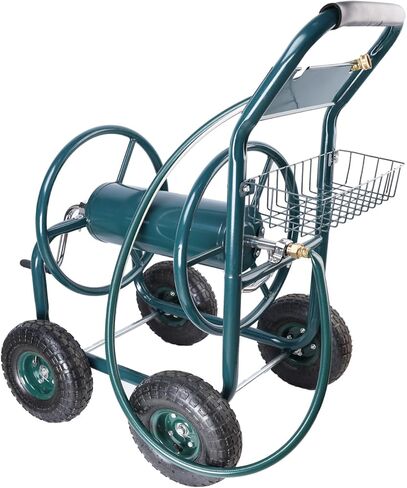 Portable Garden Hose Reel Cart, Heavy Duty Water Hose Holder with Storage Basket, Rust Resistant Rolling Hose Reel with Non-Slip Handle Grip, Versatile for LawnYard, Sidewalk & Landscaping (Green) in Saudi Arabia