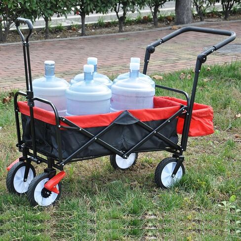 عربة قابلة للطي شديدة التحمل للاستخدام الخارجي مع إطار فولاذي ومقبض قابل للتعديل وحامل مشروبات محمول للحديقة وعربة يد للشاطئ والتخييم والرياضة والتسوق باللون الأسود والأحمر in Kuwait