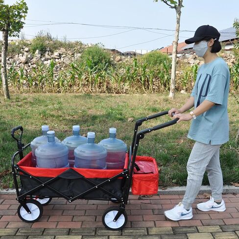 عربة قابلة للطي شديدة التحمل للاستخدام الخارجي مع إطار فولاذي ومقبض قابل للتعديل وحامل مشروبات محمول للحديقة وعربة يد للشاطئ والتخييم والرياضة والتسوق باللون الأسود والأحمر in Kuwait