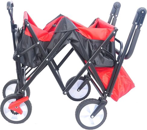 عربة قابلة للطي شديدة التحمل للاستخدام الخارجي مع إطار فولاذي ومقبض قابل للتعديل وحامل مشروبات محمول للحديقة وعربة يد للشاطئ والتخييم والرياضة والتسوق باللون الأسود والأحمر in Kuwait