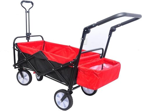 عربة قابلة للطي شديدة التحمل للاستخدام الخارجي مع إطار فولاذي ومقبض قابل للتعديل وحامل مشروبات محمول للحديقة وعربة يد للشاطئ والتخييم والرياضة والتسوق باللون الأسود والأحمر in Kuwait
