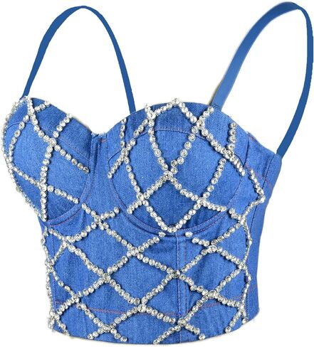 ELLACCI Women Criss Cross Rhinestone Denim Bustier Crop Top Corset Bra Blue in Kuwait
