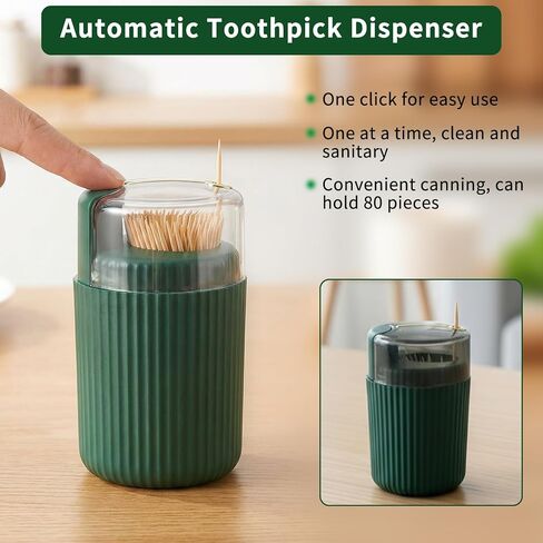 موزع أعواد الأسنان الأوتوماتيكي المنبثق - حامل أعواد أسنان محمول فاخر بضغطة زر، وعاء أعواد أسنان منبثق للاستخدام المنزلي والخارجي، موزع مدمج على الطاولة (أخضر داكن) in Kuwait