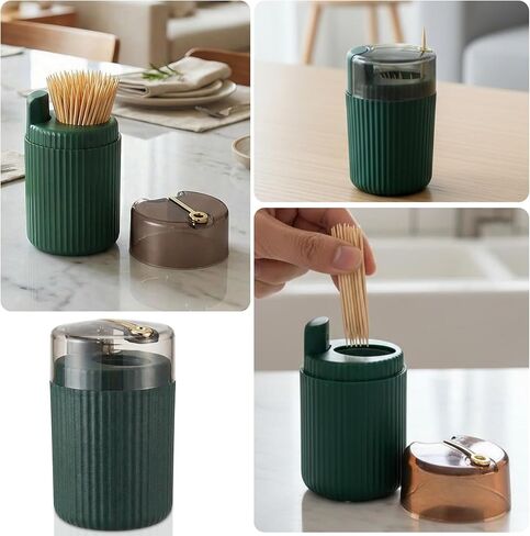 موزع أعواد الأسنان الأوتوماتيكي المنبثق - حامل أعواد أسنان محمول فاخر بضغطة زر، وعاء أعواد أسنان منبثق للاستخدام المنزلي والخارجي، موزع مدمج على الطاولة (أخضر داكن) in Kuwait