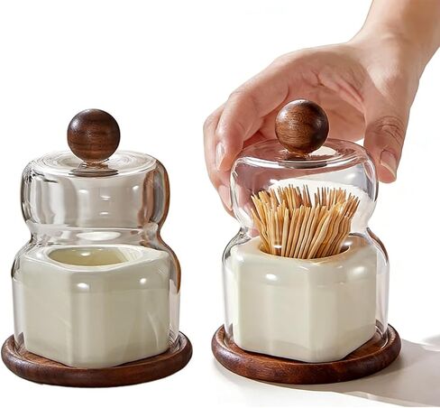 Walnut & Ceramic Toothpick Holder - Elegant Cloche Design, Handcrafted Tabletop Decor for Dining Table, Kitchen, Office - Oriental Home Decoration Gift (White) in Saudi Arabia