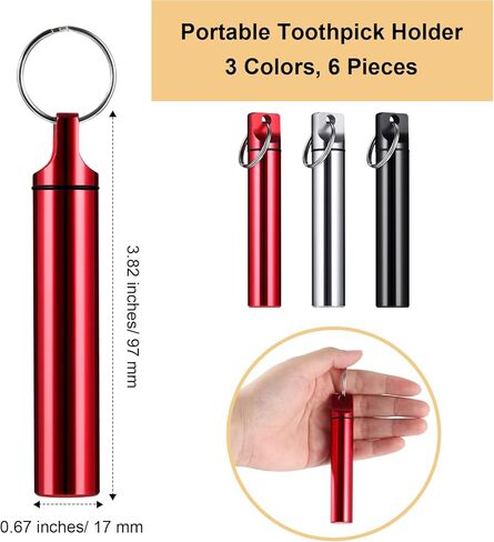 Pelopy 6 Pcs Metal Portable Toothpick Holder Dispenser Aluminum Alloy Pocket Toothpick Holder Box Small Toothpick Case Toothpicks Container with Keychain for Camping Travel Picnic Purse, 3 Colors in Saudi Arabia