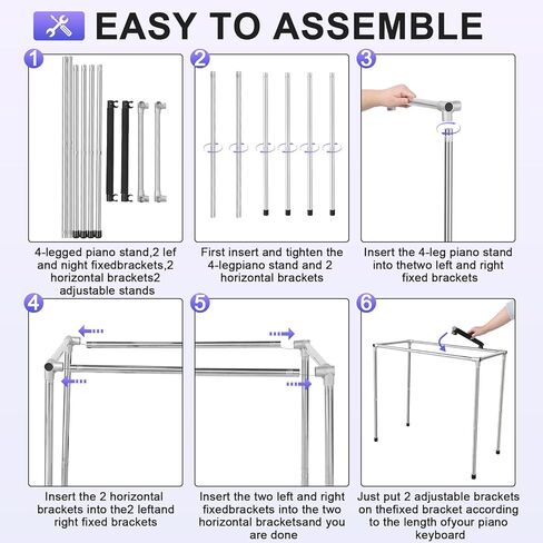 حامل لوحة مفاتيح البيانو بطول قابل للتعديل - إطار من الفولاذ المقاوم للصدأ، تصميم متحرك للوحات المفاتيح الإلكترونية والبيانو | صغير الحجم موفر للمساحة، وثابت للسجاد، ومساحة إضافية للأرجل | مثالية للأطفال والكبار in Kuwait