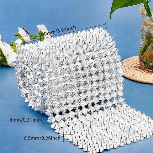 خياطة غرزة على المسامير المسامير شريط المسامير، 91.5 سم × 10 سم (36 "× 4") لفة، مادة PP، ترصيع مخروطي مسطح الظهر لحرف أحذية الملابس، فضي in Saudi Arabia