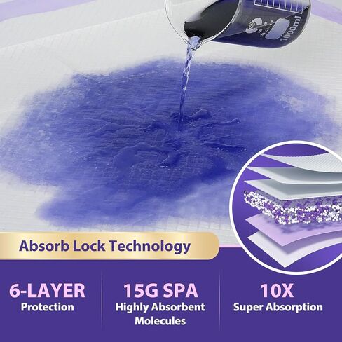 وسادات سرير شديدة التحمل 110 جرامًا مقاس 76.2 سم × 91.44 سم، 50 قطعة من وسادات ميلدبلوس الأرجوانية للاستعمال مرة واحدة مع طبقة مضادة للانزلاق، وسادات ظرف كبيرة جدًا، وسادات سلس البول أكثر سمكًا 3 مرات للبالغين والأطفال أو الحيوانات الأليفة in Kuwait