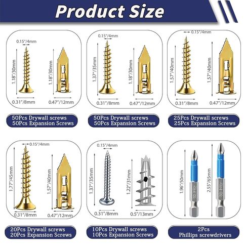 310PCS Self Drilling Drywall Anchors with Screws Kit,5-Sizes Metal Expansion Bolt for Dry Wall,155 PCS Sheetrock Anchors and 155 PCS Screws-No Drill Needed in Kuwait