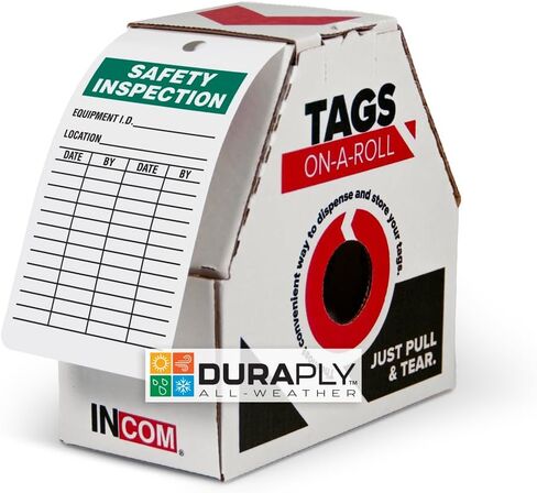 علامات فحص التصنيع من INCOM على لفة، فحص السلامة، مخزون DuraPly للخدمة الشاقة، مقاوم للماء والتمزق، أخضر على أبيض، 6.25 بوصة × 3 بوصة × 10 مل، 100 عبوة، RT8004C in Kuwait