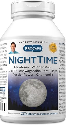 ANDREW LESSMAN Night Time 30 Capsules - 3mg Melatonin, Valerian, Ashwagandha, Passionflower, Hops, Chamomile. No Morning Grogginess. Natural Support, Gentle Restful Sleep. Easy to Swallow Capsules in Saudi Arabia