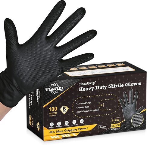 TitanFlex Heavy Duty Black Industrial Nitrile Gloves with Raised Diamond Texture, Latex Free (6mil/8mil) in Kuwait