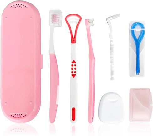 7-in-1 Travel Oral Care Kit with Case – Toothbrush, Tongue Scraper, Wisdom Toothbrush, Dental Floss, Floss Threaders, Interdental Brush, Dental Wax, Portable Hygiene Set for Daily Use Travel (Blue) in Kuwait