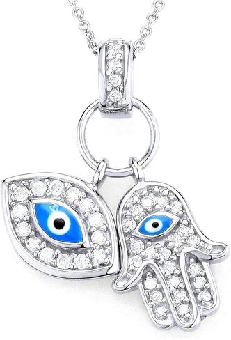925 Sterling Silver Womens Evil Eye Hamsa Blue White CZ Pendant Necklace in Kuwait