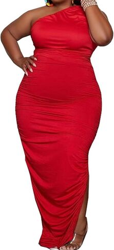 Womens Sexy Plus Size One Off Shoulder Sleeveless Bodycon Ruched Evening Pencil Party Maxi Dresss in Kuwait