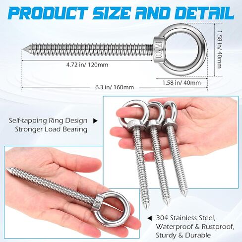 8 Pcs Heavy Duty Screw Eye Hooks 4 Inch 304 Stainless Steel Eye Bolts, 300lb Load Capacity, Self-Tapping M10 Eyelet Screws for Hammocks, Swings and Tie-Downs, Indoor/Outdoor Use in Kuwait