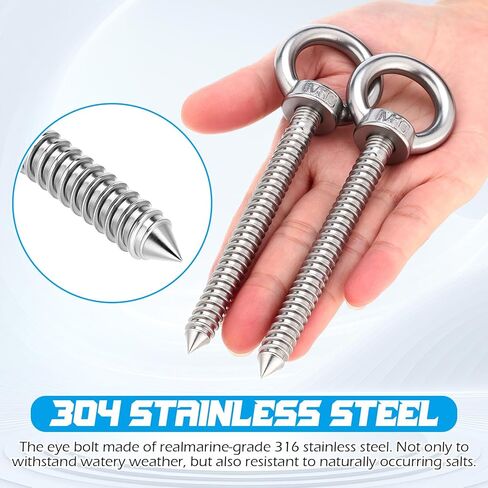 8 Pcs Heavy Duty Screw Eye Hooks 4 Inch 304 Stainless Steel Eye Bolts, 300lb Load Capacity, Self-Tapping M10 Eyelet Screws for Hammocks, Swings and Tie-Downs, Indoor/Outdoor Use in Kuwait
