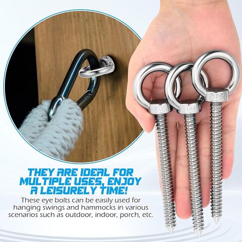 8 Pcs Heavy Duty Screw Eye Hooks 4 Inch 304 Stainless Steel Eye Bolts, 300lb Load Capacity, Self-Tapping M10 Eyelet Screws for Hammocks, Swings and Tie-Downs, Indoor/Outdoor Use in Kuwait