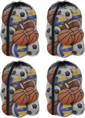 4 قطع من أكياس الكرات الشبكية الكبيرة جدًا من Youeon مقاس 30 × 40 بوصة، حقيبة كرات رياضية شديدة التحمل مع رباط إغلاق وحزام كتف قابل للتعديل، أكياس تخزين كرات سوداء لجميع أنواع الكرات، والغسيل in Kuwait