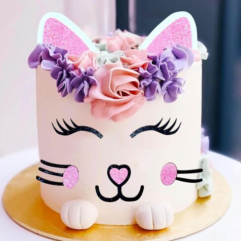 JeVenis Cat Cake Topper Cake Topper Cat Ears Eyelashes Cake Set Cake Decorations for Cat Themed Birthday Party Cute Meow Birthday Party Boy Girl Baby Shower Party Decoration in Kuwait