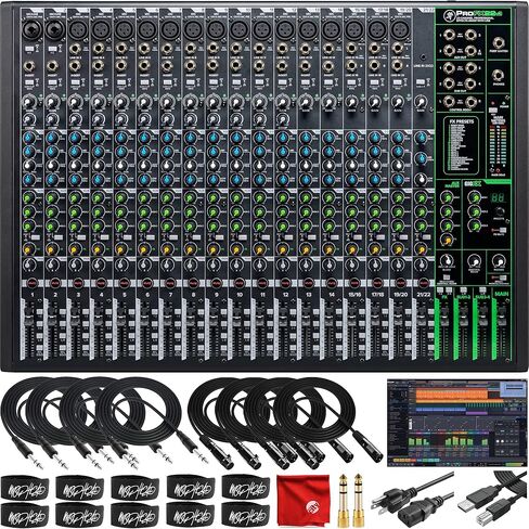 حزمة USB لخلاط غير مزود بالطاقة من Mackie ProFX22v3 ذات 22 قناة مع Waveform OEM DAW، و4x كابل TRS Mophead بطول 10 أقدام، وكابل XLR بطول 4x 10 أقدام، ومحول 2x 1/4 بوصة إلى 3.5 مم، وربطات كابل 10x وقماش من الألياف الدقيقة in Saudi Arabia