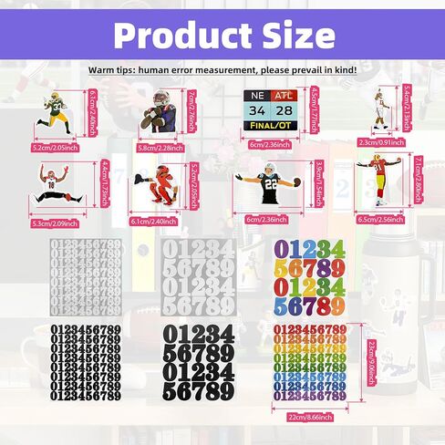 1550 Pcs Sports Helmet Numbers Stickers Self Adhesive Vinyl Helmet Decals 1 Inch and 2 Inch with 50 Rugby Classic Action Stickers for Baseball, Hockey, Football, Lacrosse, Batting (Sheets Multicolor) in Kuwait