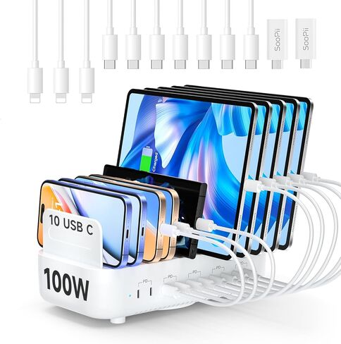 SOOPII USB C Multi Charging Station,100W 10-Port Type C Fast Charger Station for Multiple Devices with Adjustable Dividers, Charger Organizer Compatible with Phone, Tablet,Kindle and More(Black) in Kuwait