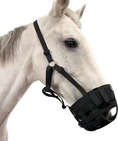 كمامة رعي للخيول بأشرطة قابلة للتعديل، كمامة رعي خيول مريحة وخفيفة الوزن وقابلة للتنفس (أسود، كامل) in Kuwait