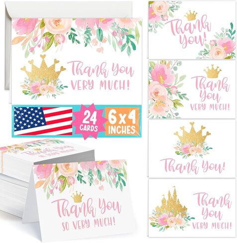 Hadley Designs 24 Floral Princess Baby Shower Thank You Cards With Envelopes, Kids Thank-You Note, 4x6 Gratitude Card Gift For Guest Pack For Party, Birthday Girl in Kuwait
