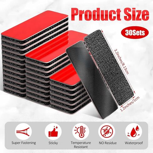 30 Sets Heavy-Duty Adhesive Hook and Loop Strips, 1.2" x 3.2" Heat Resistant Waterproof No Residue Hold for Car Floor Mats Indoor/Outdoor Use on Walls, Glass, Tile, Metal, Wood in Saudi Arabia