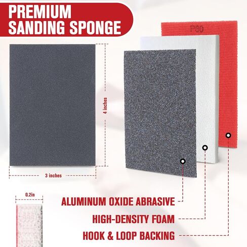72Pcs Sanding Sponges 80-3000 Grit - Wet/Dry Sandpaper Sponge for Drywall, Wood, Metal, Glazing, Hook & Loop Backing for Hand Sanders, Oxidized Aluminum Abrasive, Flocked Surface in Kuwait