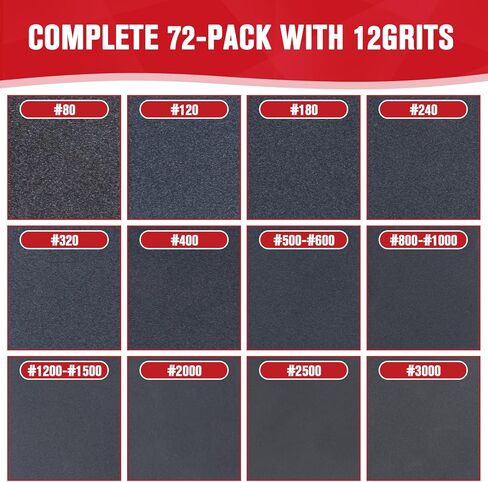 72Pcs Sanding Sponges 80-3000 Grit - Wet/Dry Sandpaper Sponge for Drywall, Wood, Metal, Glazing, Hook & Loop Backing for Hand Sanders, Oxidized Aluminum Abrasive, Flocked Surface in Kuwait